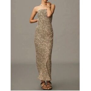 Anthropologie Fleur Leopard‎ Print Strapless Satin Maxi Dress Tan Black XL